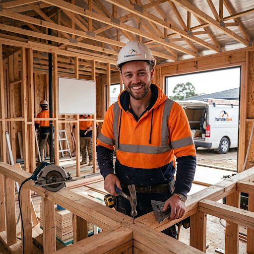 Happy tradie on site, relaxed and smiling - sorted thanks to Hammerdesk