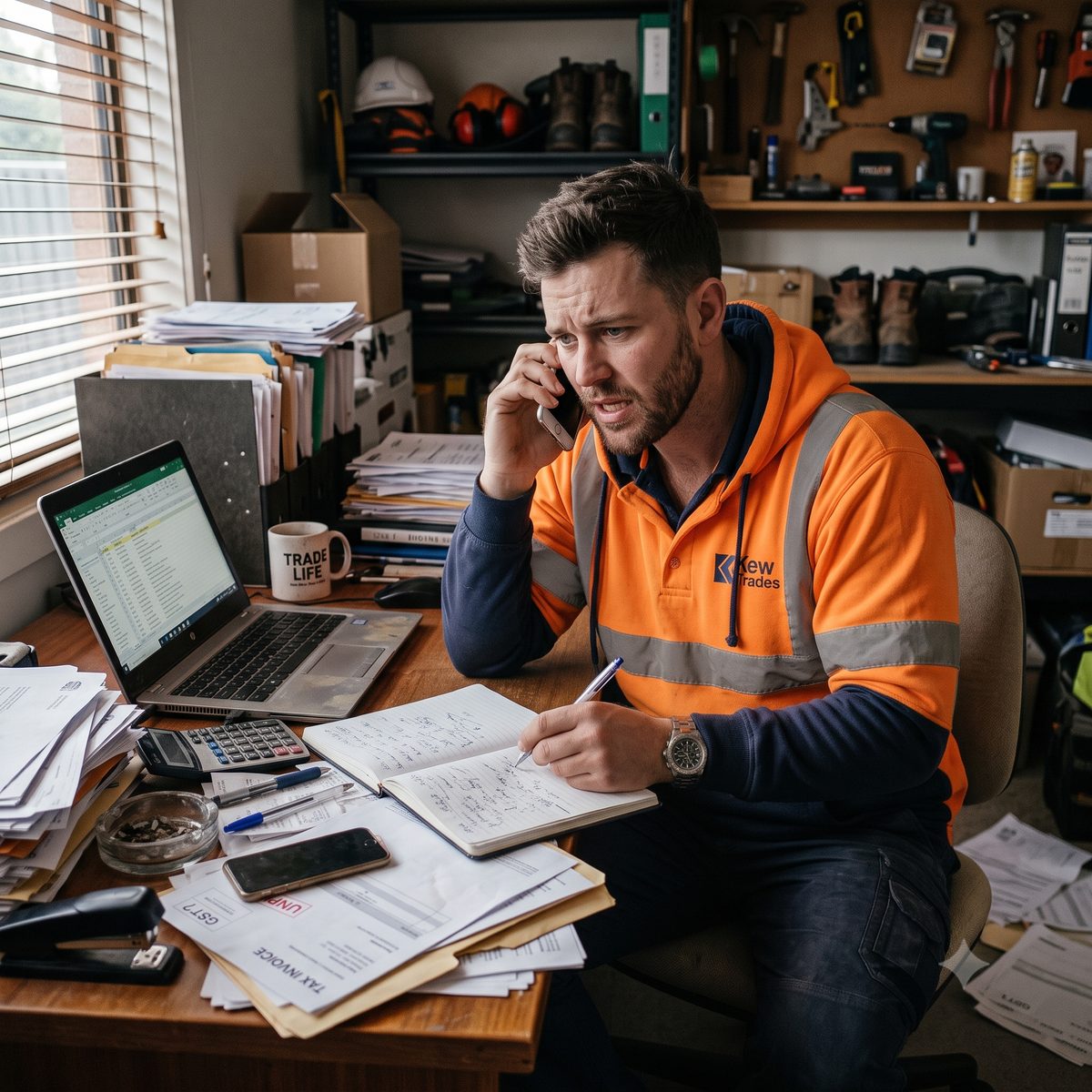 Australian tradie overwhelmed with paperwork, phone calls and admin at his desk